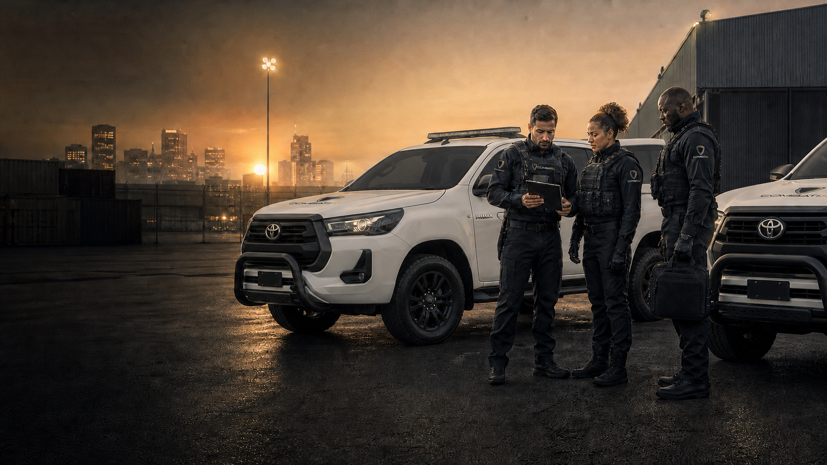 Combatix tactical security team and branded escort vehicles